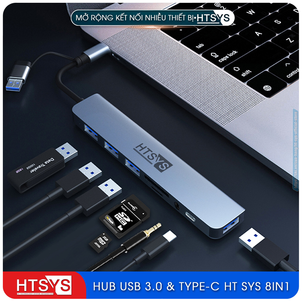 Hub Type C Và Hub USB HT SYS 8 in 1 To USB 3.0, SD, TF, USB C, Audio 3.5 - Hàng Chính Hãng