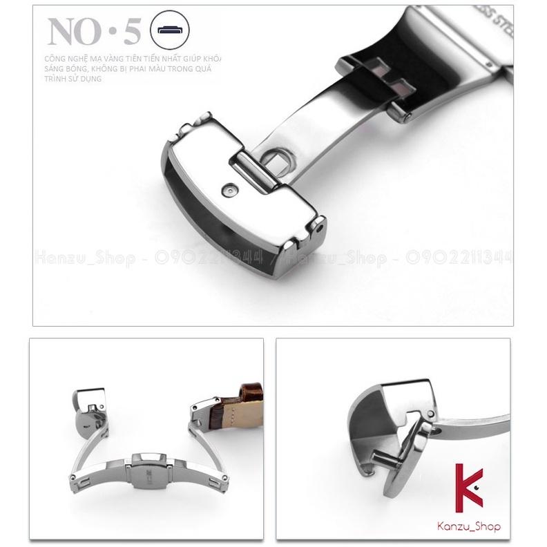 Dây Đồng Hồ Da Khóa Bướm Bạc 2 Nút Bấm - Dây Da Đồng Hồ 14mm 15mm 16mm 17mm 18mm 19mm 20mm 21mm 22mm 23mm 24mm