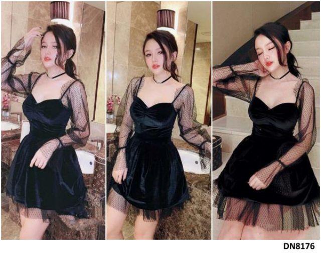 Đầm nhung xòe phối ren lưới sexy