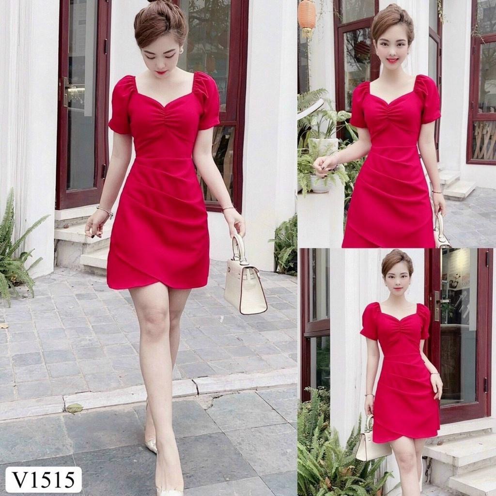 Đầm đỏ tay phồng xếp ly siêu xinh