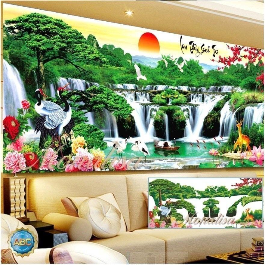 FreeShip từ 250K-Tranh đính đá phong cảnh Lưu Thuỷ Sinh Tài KT: 130x65cm