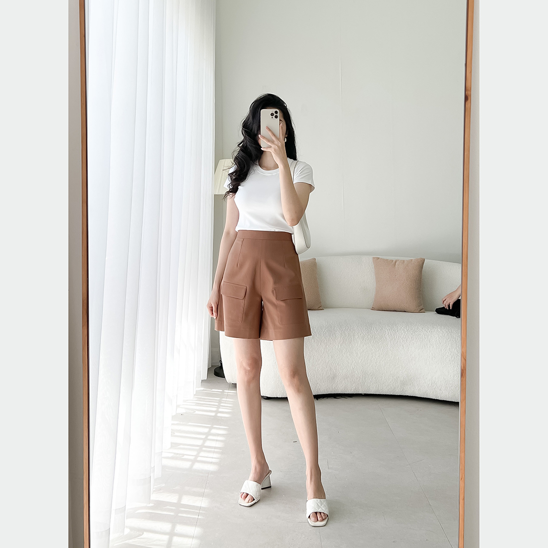 Quần short nữ lưng cao phối túi thời trang Eden - Q018