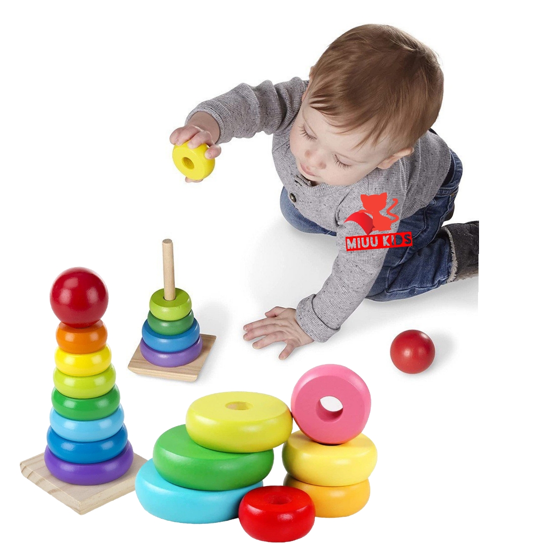Đồ Chơi Xếp Tháp Cầu Vồng Gỗ Cho Bé Nhận Biết Kích Thước Màu Sắc Phát Triển Tư Duy Logic