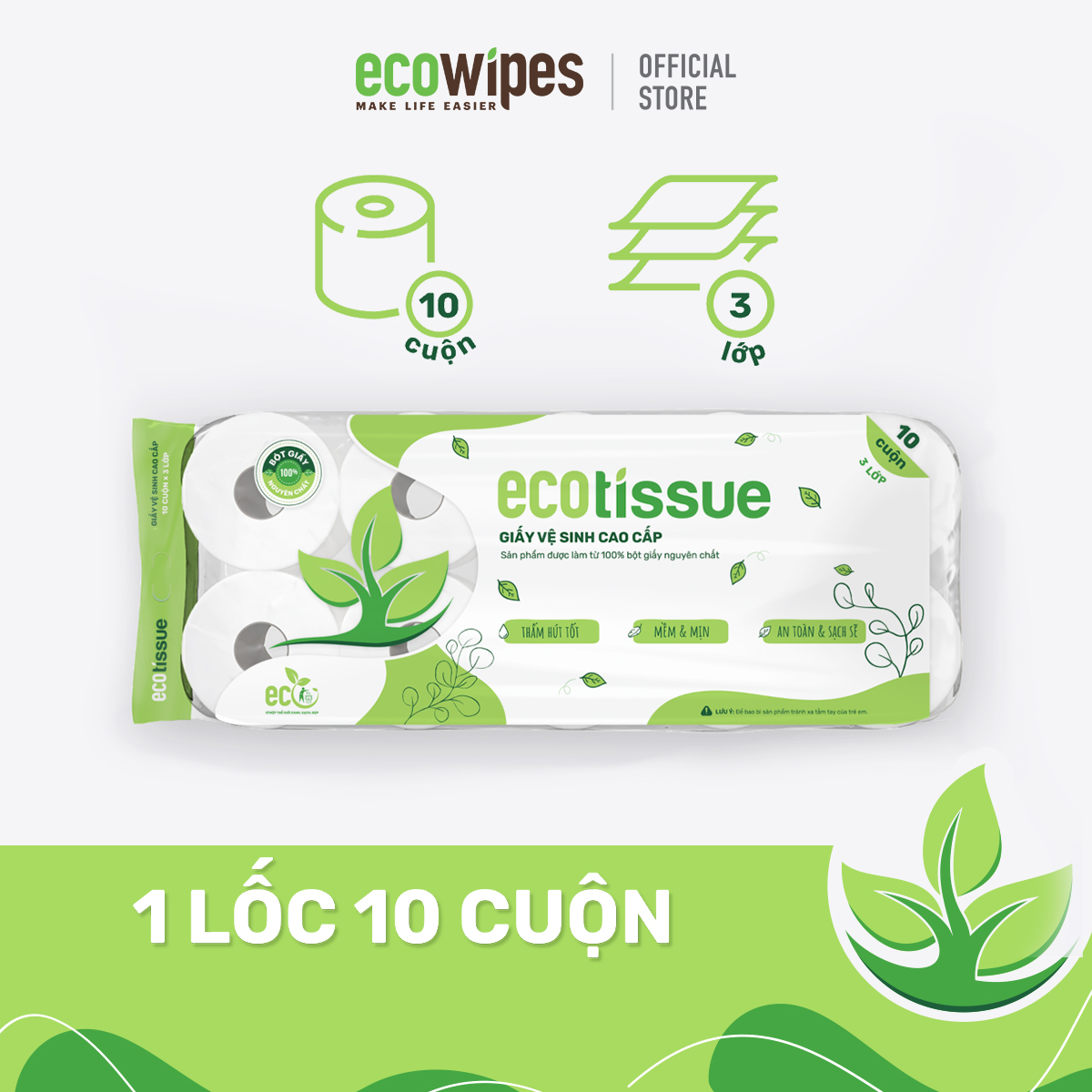 Giấy vệ sinh giấy cuộn cao cấp Ecotissue 3 lớp lốc 10 cuộn có lõi/không lõi cao cấp mềm dai tự nhiên