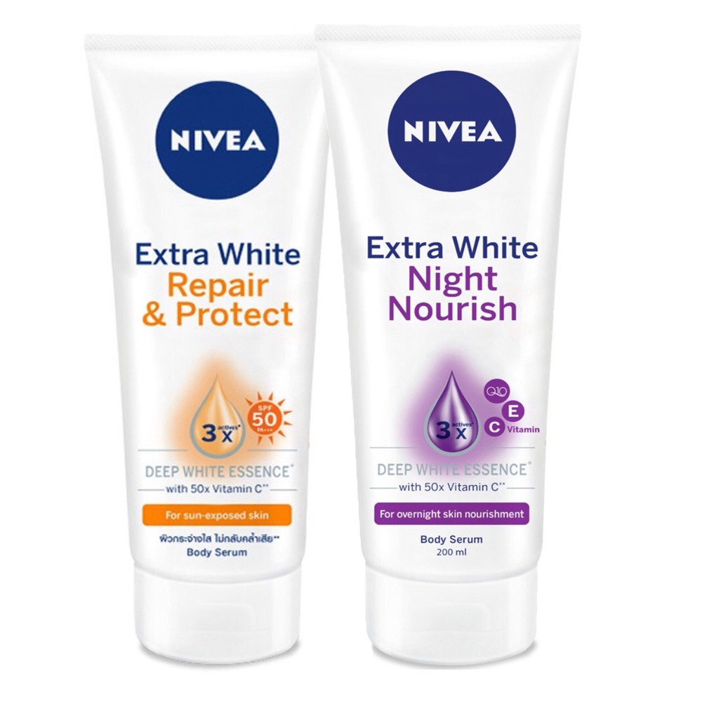 Bộ đôi Serum dưỡng thể NIVEA dưỡng trắng chống nắng, phục hồi Ban ngày 180ml & Ban đêm 200ml