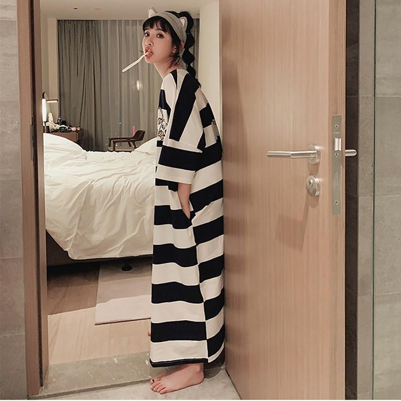 Đầm Ngủ Ngắn Tay Họa Tiết Sọc Ngang Thời Trang Cho Nữ