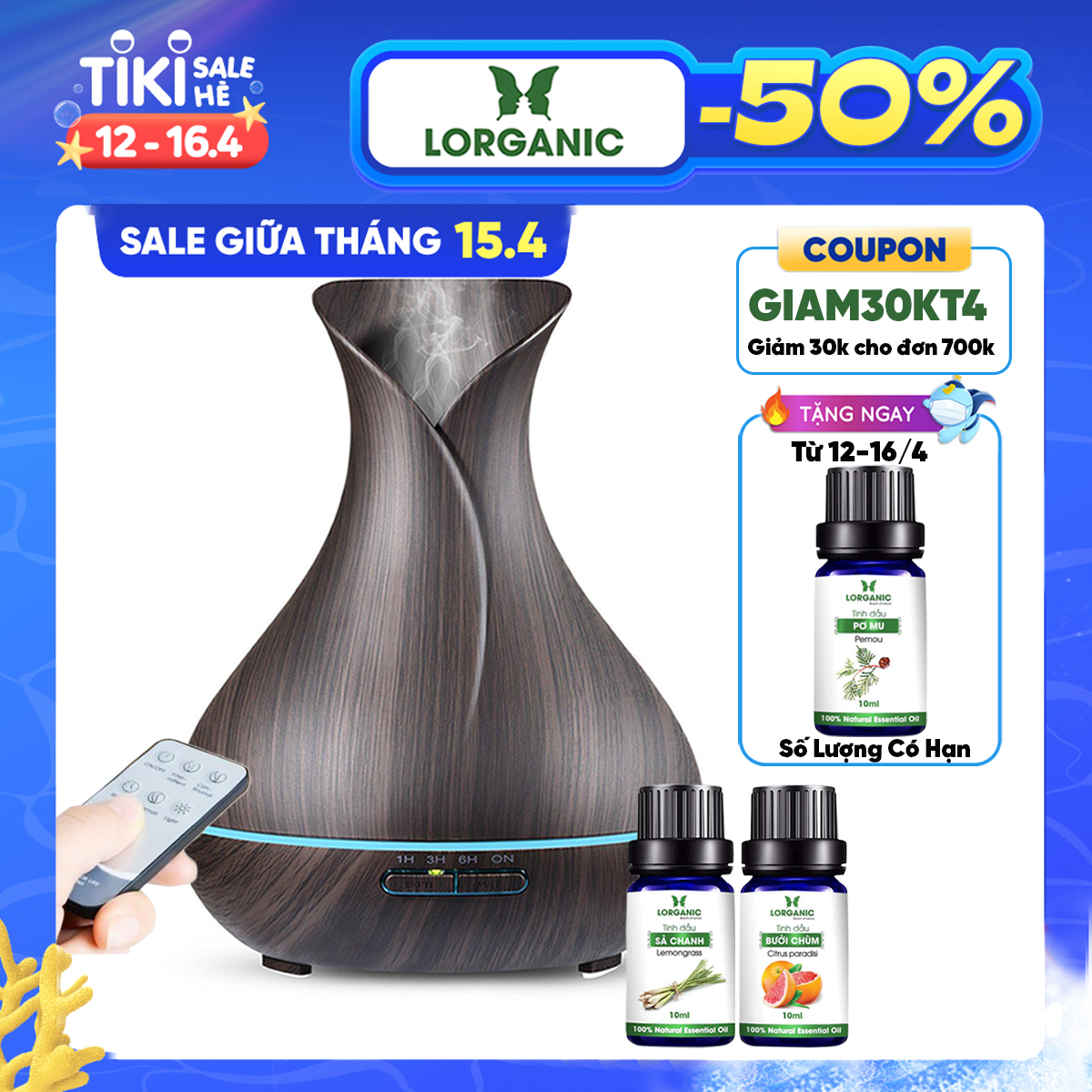 Combo máy khuếch tán/ máy xông tinh dầu bình hoa màu nâu FX2020 + tinh dầu sả chanh + tinh dầu bưởi chùm Lorganic (10ml x2) LGN0351