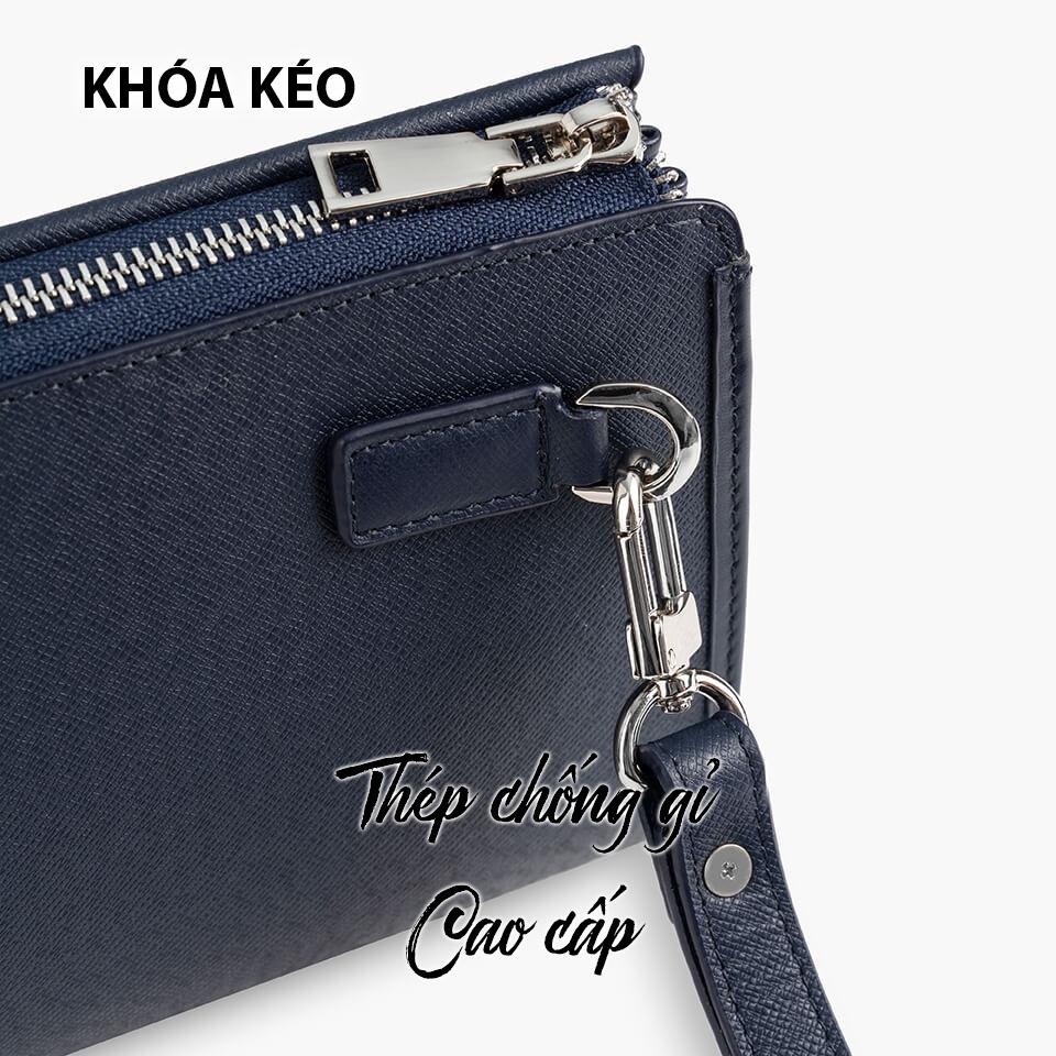 Ví Da Cầm Tay Clutch Nam Công Sở GENCE HT07 Da Bò Cao Cấp Màu Xanh Navy