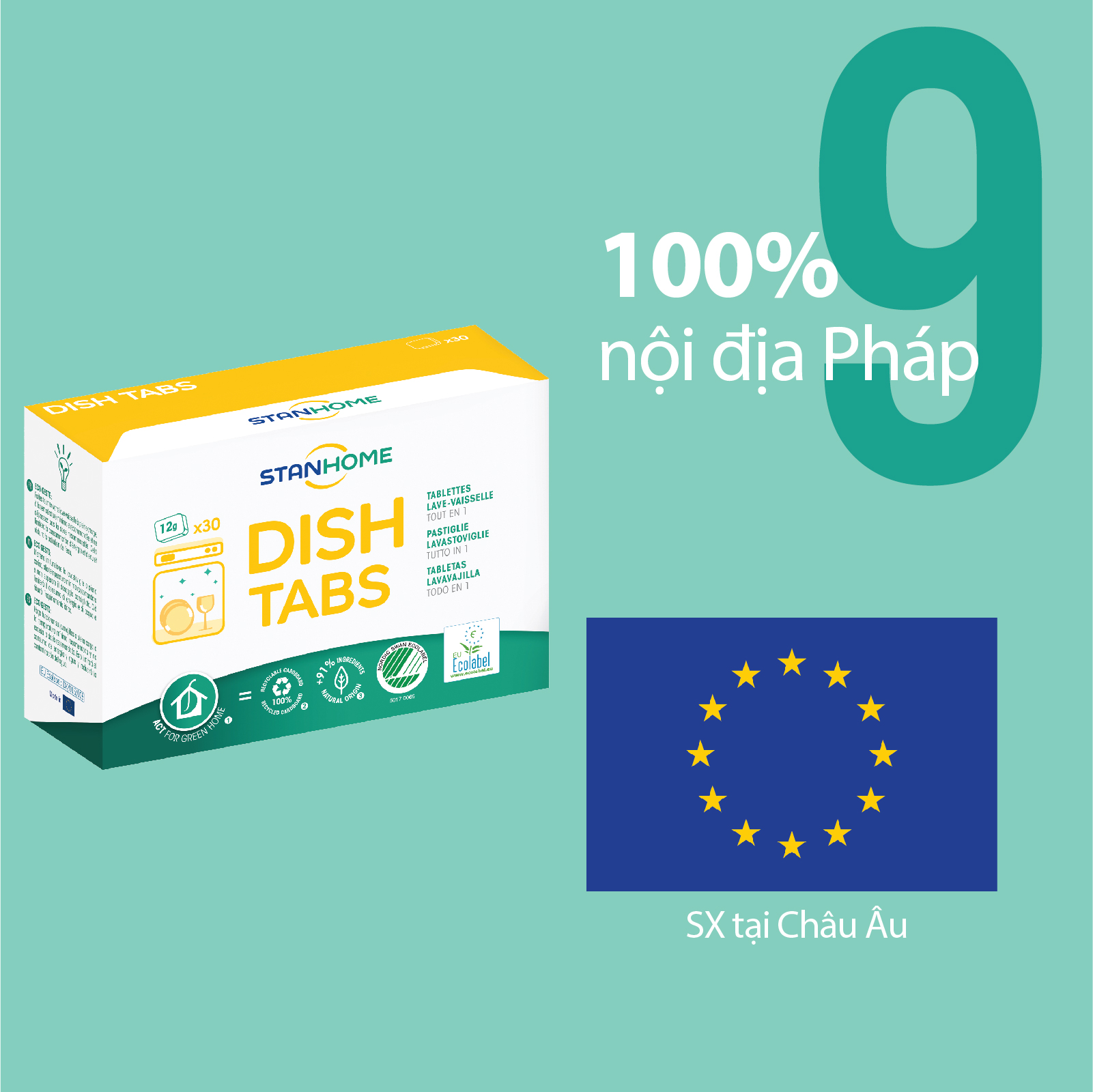 Viên rửa bát cho máy Stanhome Dish Tabs All in one tiêu chuẩn Ecolabel Châu Âu và Ecolabel Bắc Âu - Hộp 30 viên – 12g/viên