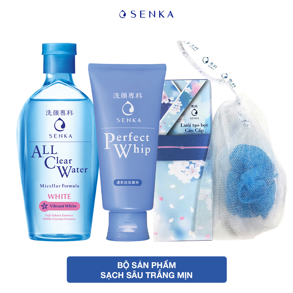 Bộ đôi Senka sạch sâu trắng mịn (Nước tẩy trang Senka Water White 230 ml + Sữa rửa mặt Senka Perfect Whip 120g + Lưới tạo bọt)