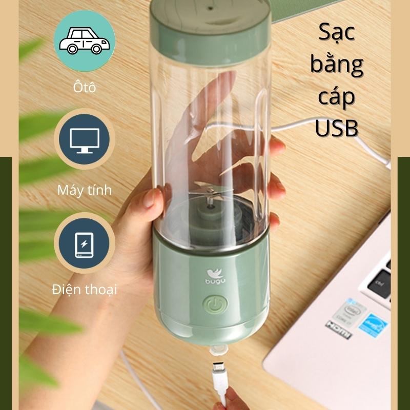 Máy Xay Sinh Tố Mini Cầm Tay 300ml 4 Lưỡi Dao Thép Không Gỉ Có Pin Tích Hợp Sạc USB Bugu BG-JS2 - Hàng Chính Hãng