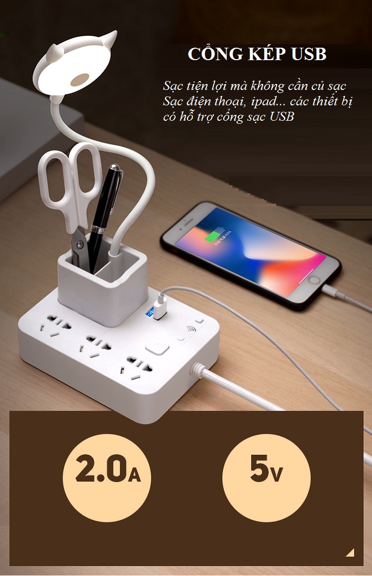 Ổ cắm điện đa năng kiêm hộp đựng bút và đèn bàn có điều khiển từ xa T3