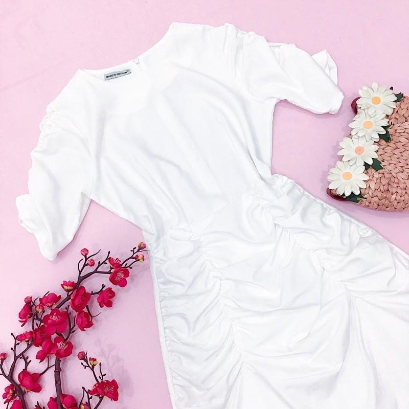 Đầm váy trắng cổ tròn tùng nhúng (kèm hình thật)