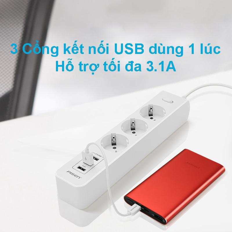 Ổ Cắm Điện Thông Minh 3 Ổ Cắm AC - Pisen 303-EP - Màu Đen