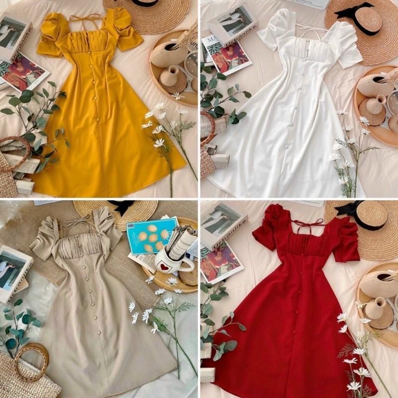 Đầm xếp ly ngực tay phồng