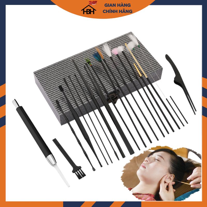 Bộ lấy Ráy Tai,Dụng Cụ Lấy Ráy Tai Massa Tai 20 Món Hộp Gỗ Mun,Tích Hợp Lấy Ráy Tai Có Đèn Cao Cấp