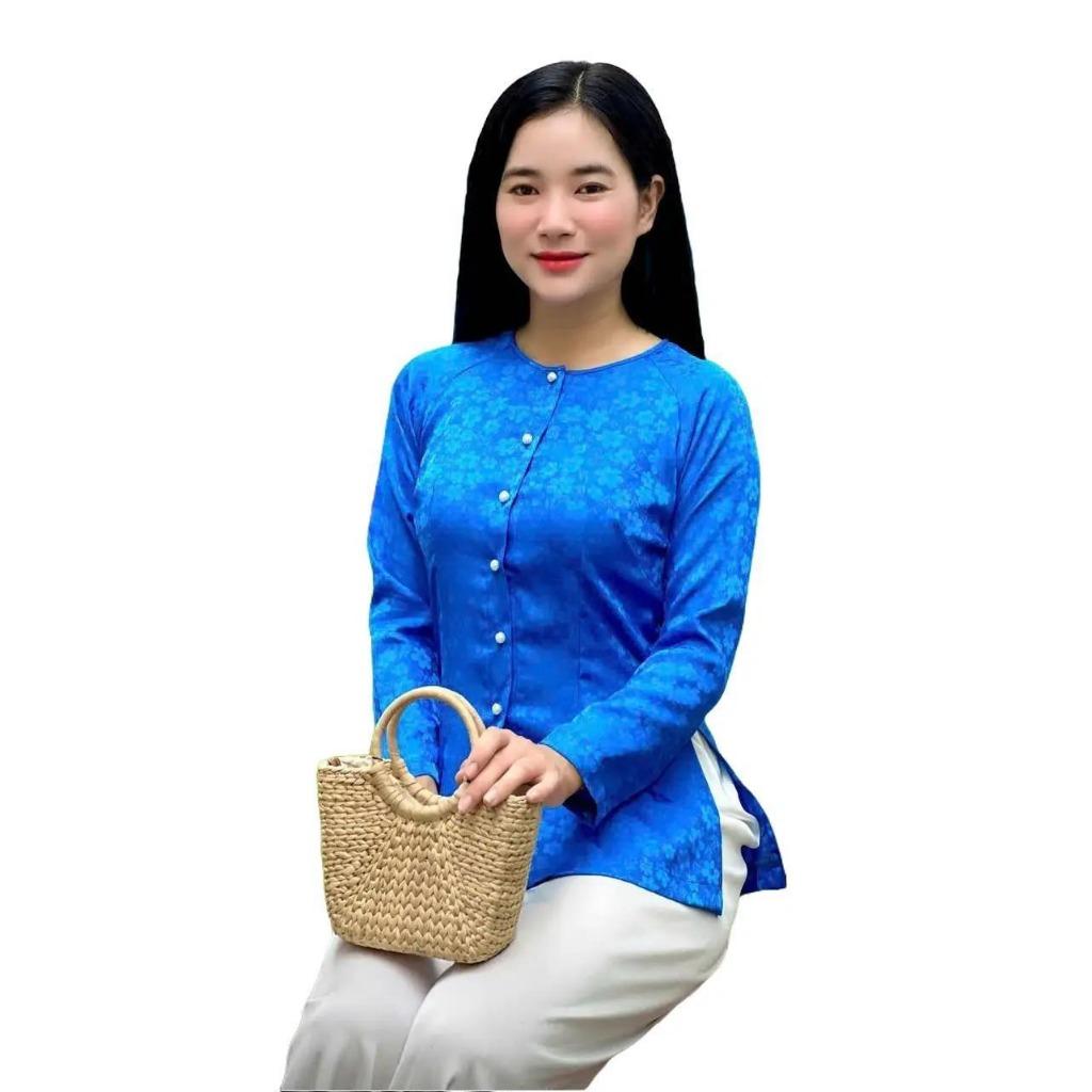 (BÀ BA GẤM HOA NỖI Bigsize) Trang phục truyền thống, Bộ quần áo nữ Phật tử, đồ lam đi chùa mẫu nữ vải gấm 7XL - Tím không quần