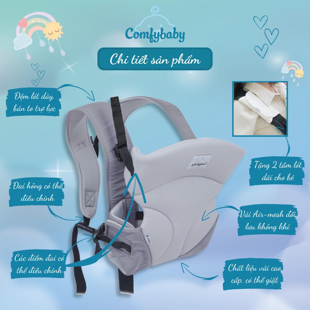 Địu em bé 3 tư thế có đỡ cổ sơ sinh - thoáng khí chống gù cho bé ComfyBaby CF-BK010