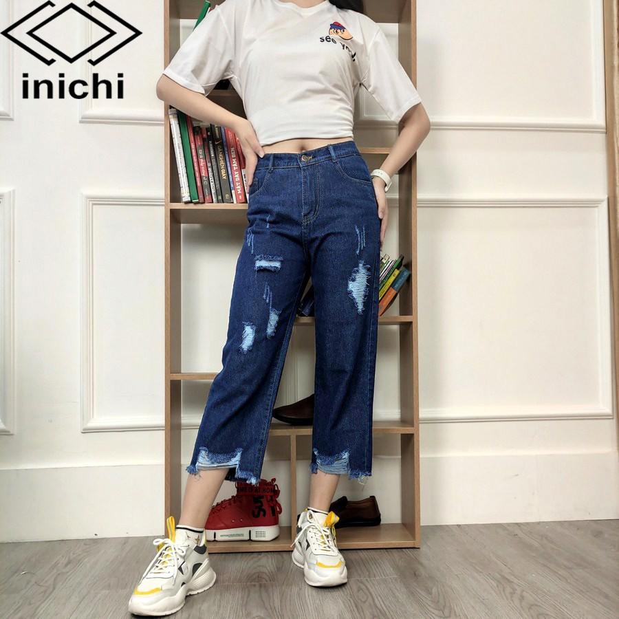 Quần baggy jean nữ Q703 xanh nhạt cạp cao kiểu rách form ống rộng INICHI Official