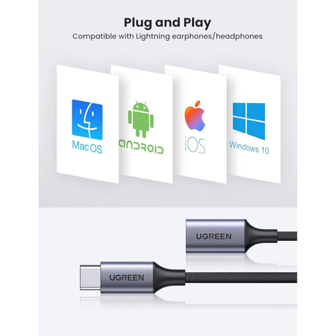 Ugreen 70953 25CM Màu Xám Cáp chuyển đổi âm thanh USB Type-C sang cổng tai nghe Light-ning Hỗ trợ Mic cho iPad Pro Air 5 MacBook Ugreen US342 - Hàng Chính Hãng
