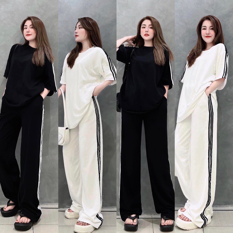 ĐỒ BỘ SET QUẦN THUN THỂ THAO DÀI ỐNG RỘNG LƯNG CAO ĐEN TRẮNG + ÁO SUÔNG TAY NGẮN ĐI BIỂN DẠO PHỐ ĐI CHƠI ĐI TIỆC