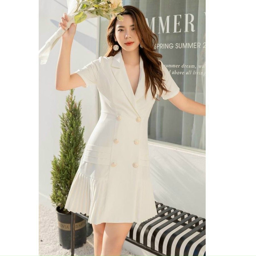 ĐẦM SUÔNG CỔ VEST CHÂN VÁY XẾP LY