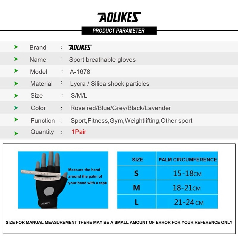 Găng Tay hở ngón tập gym Nam - Nữ Aolikes 1678