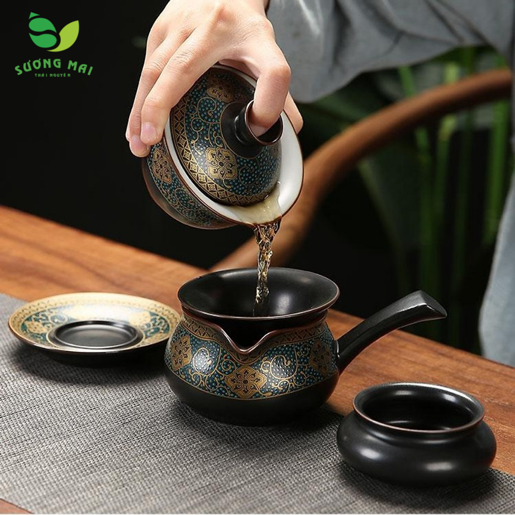 Bộ ấm chén pha trà 10 món xanh vàng đen