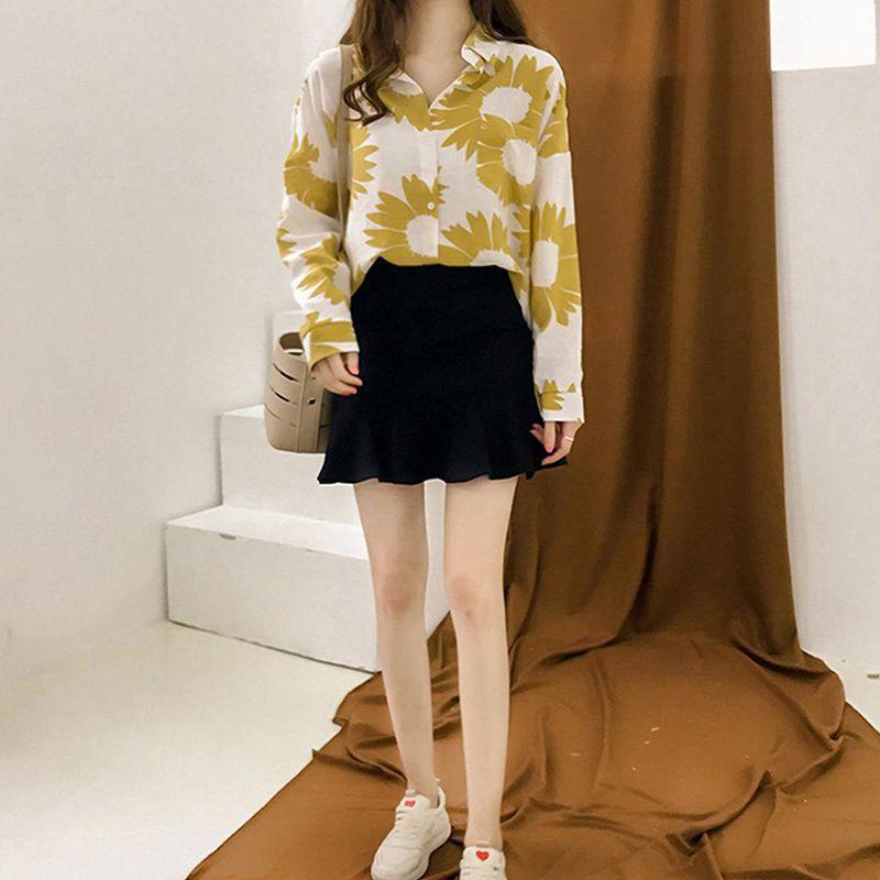 Áo kiểu vải voan cổ chữ V họa tiết dễ thương phong cách Vintage thời trang nữ