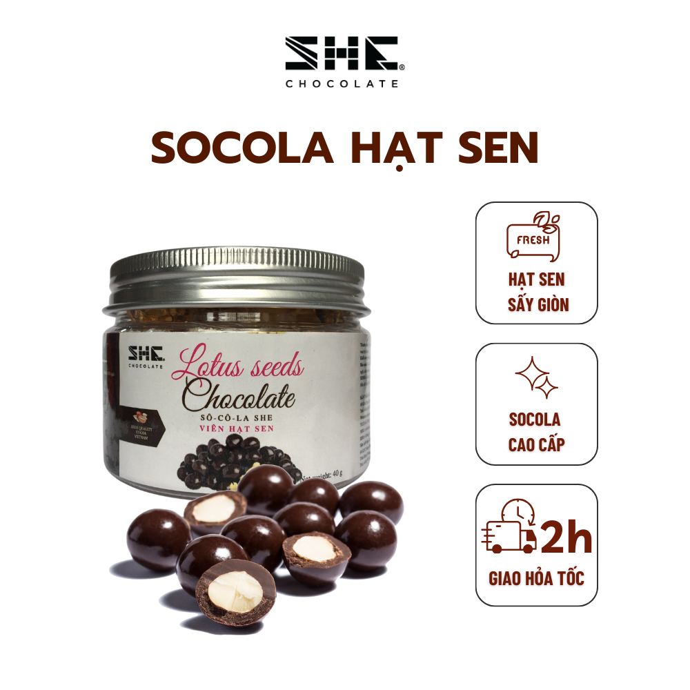 Socola viên Hạt sen - hũ pet 40g, hũ 90g, túi 500g - SHE Chocolate - Bổ sung năng lượng, tốt cho sức khỏe. Quà tặng sức khỏe, quà tặng người thân, dịp lễ, thích hợp ăn vặt