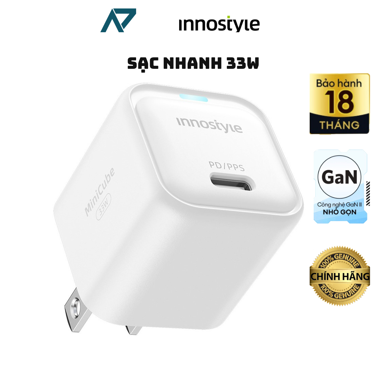 Sạc Nhanh cho Iphone/ Smartphone/ Ipad INNOSTYLE MINICUBE GAN II PD/PPS 33W IC33PD_ Hàng chính hãng