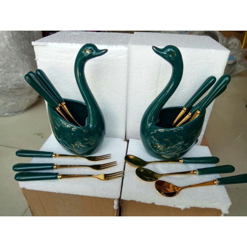 Bộ giỏ sứ thiên nga lục ngọc bảo kèm thìa hoặc dĩa