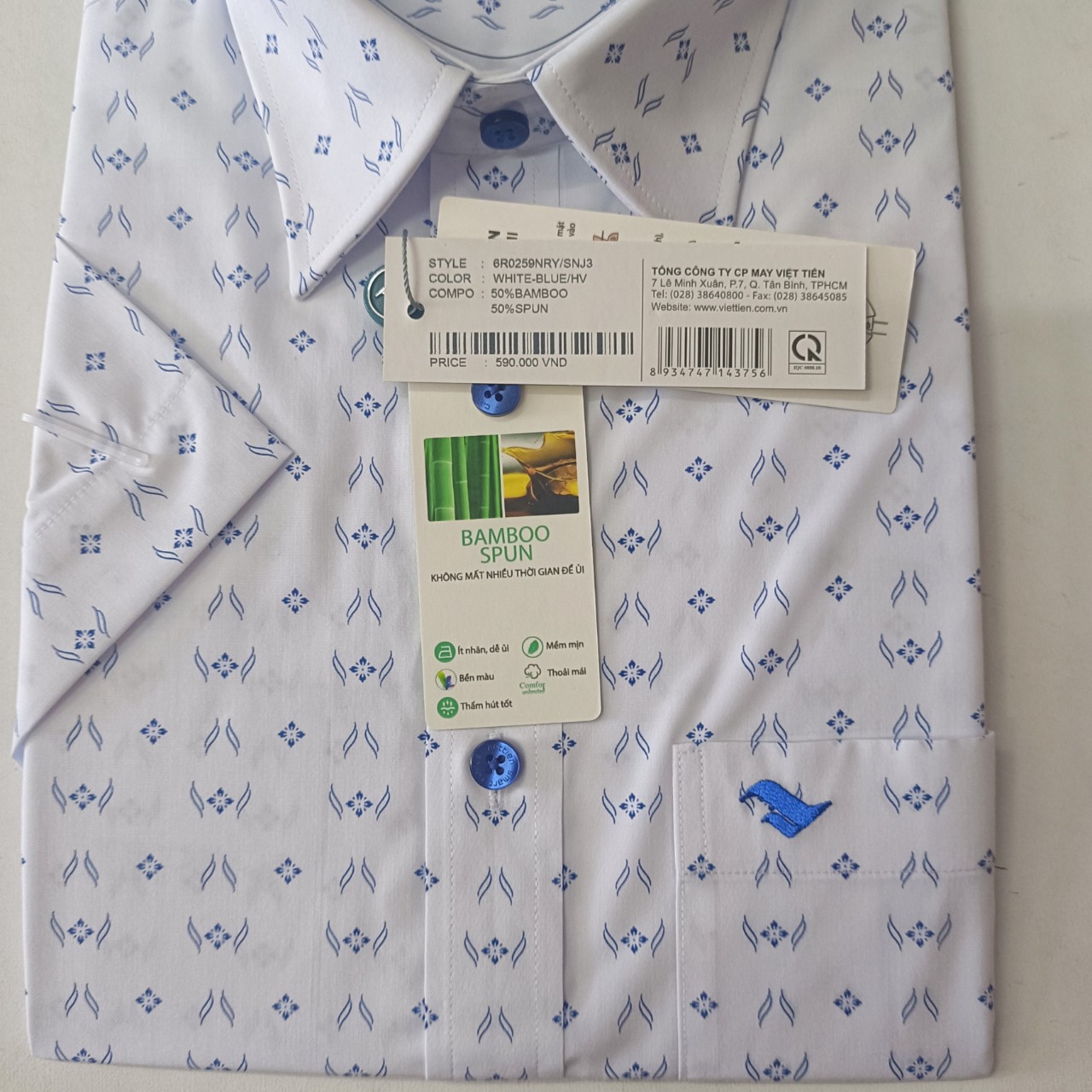 Viettien Áo sơ mi nam Việt Tiến Smart Casual ngắn tay vạt ngang- xẻ sườn Mã 6R 0259 NRY/SNJ3, sợi tre, ít nhăn, bền màu, thoáng khí