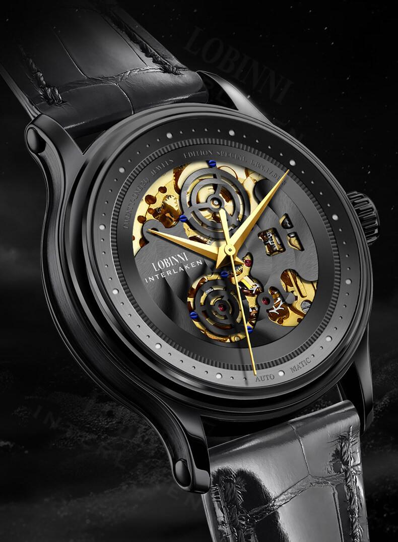 Đồng hồ nam chính hãng Lobinni L5025-1 Kính sapphire chống xước, Chống nước 50m, bảo hành 24 tháng, Máy cơ (Automatic), dây da đen xịn, máy lộ cơ