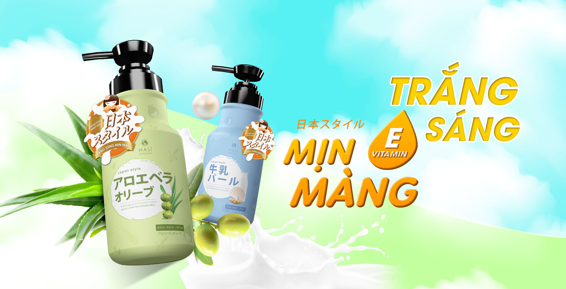 COMBO GIFT SET Sữa tắm Hasi Kokeshi dưỡng trắng da chiết xuất Sữa Bò-Ngọc Trai 600ml &amp; Bông tắm