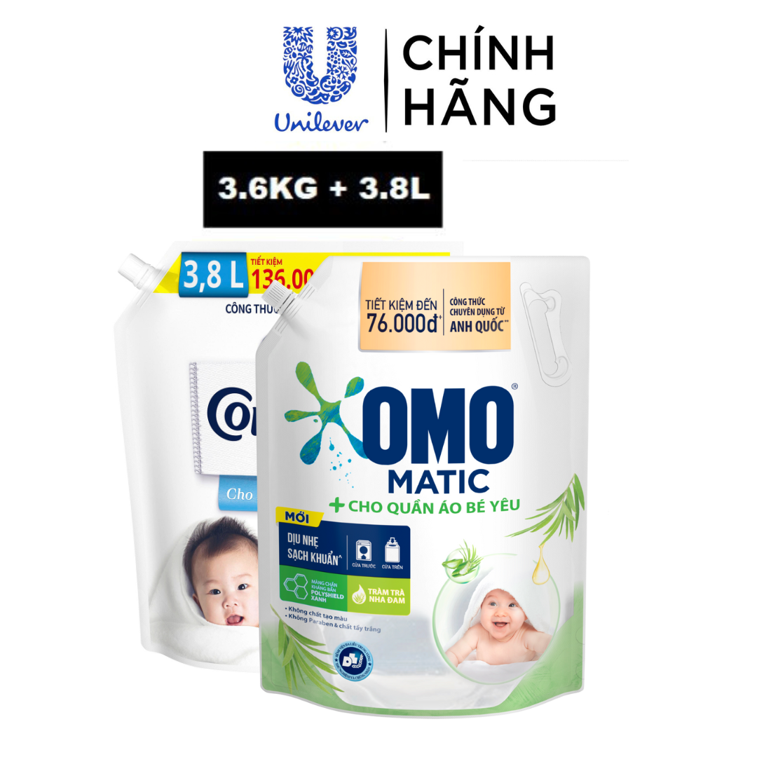 Combo Nước Giặt Omo Matic Cho Bé Yêu Chiết Xuất Tràm Trà Và Nha Đam 3.6Kg + Nước Comfort Chăm Sóc Dịu Nhẹ Cho Da Nhạy Cảm 3.8L