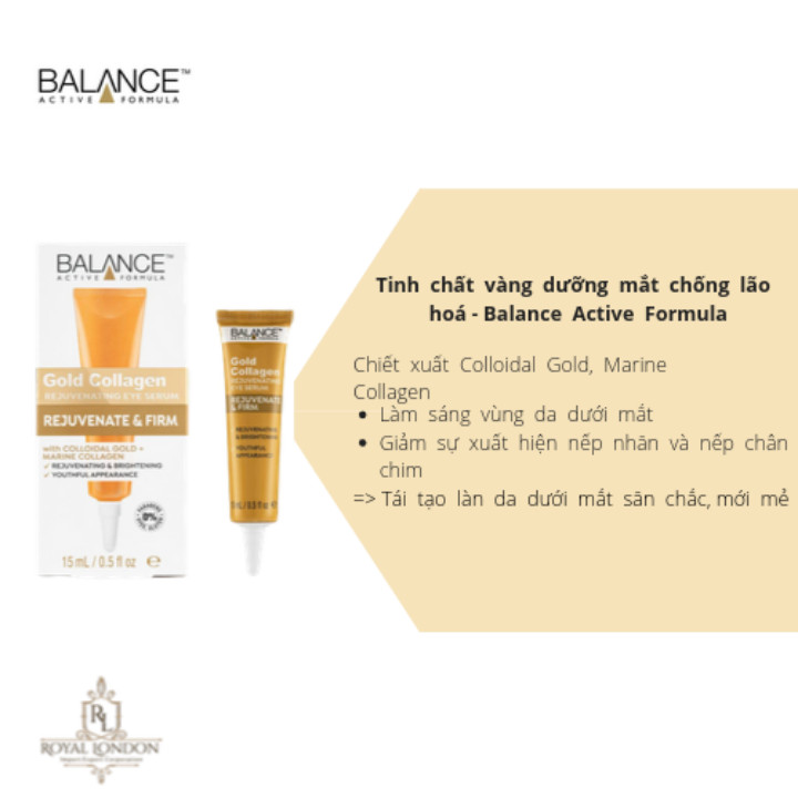 Combo tinh chất Gold Collagen Rejuvenating Balance Active Formula tái tạo trẻ hóa da mặt 30ml và serum mắt gold collagen eye Balance Active Formula làm sáng và căng vùng da mắt 15ml, hàng chính hãng