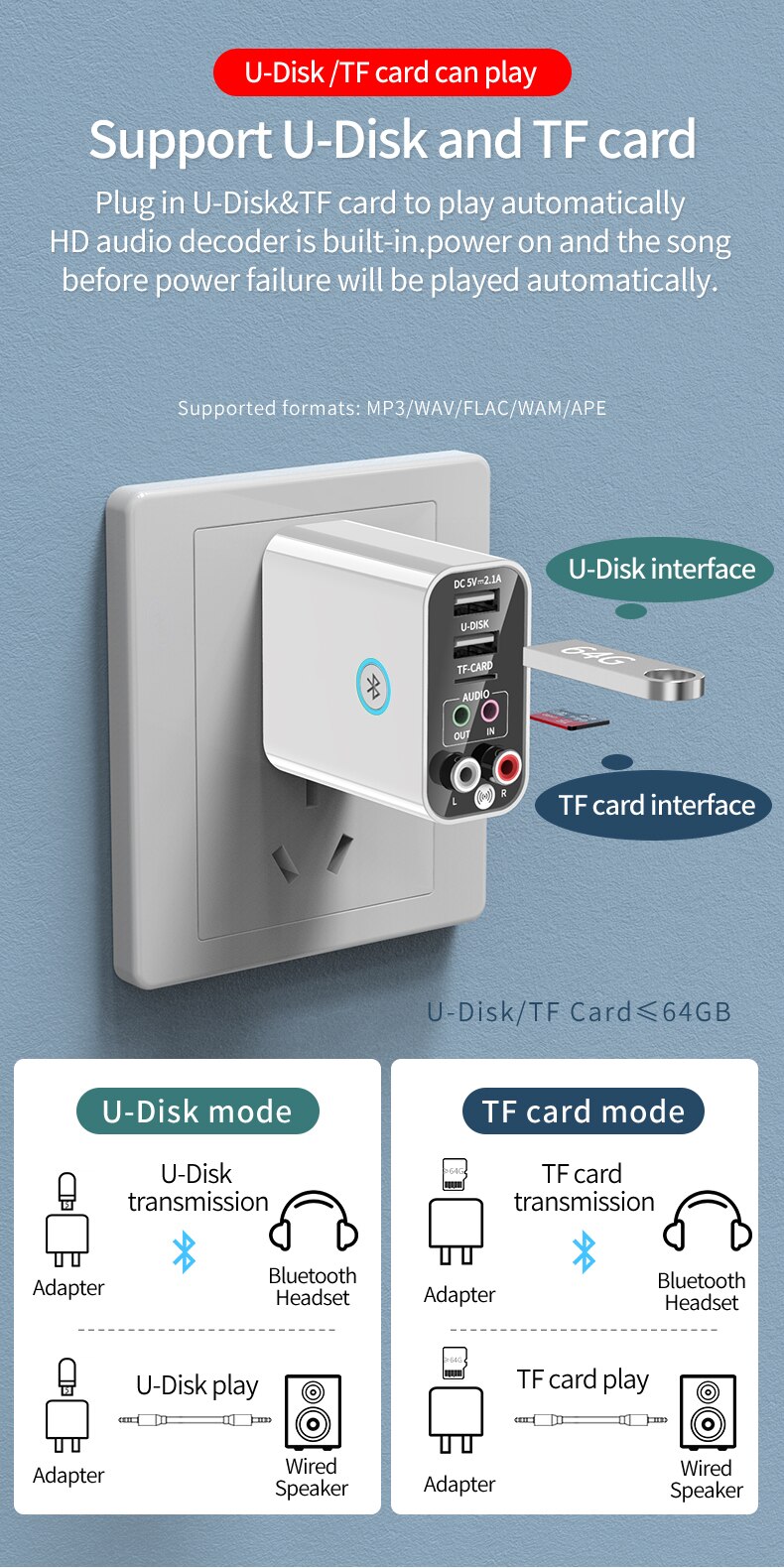 Hàng Chính Hãng - Bộ Thu Phát Bluetooth K16-JA Bluetooth 5.0 Phạm Vi Kết Nối 15m Chế Độ Chuyển Đổi Linh Hoạt Đa Dạng Nguồn Phát Blueooth TF USB AV 3.5mm Remote Sạc USB Kép 5V/2.1A Tự Động Kết Nối Giải Mã HD Hỗ Trợ Thẻ Nhớ Lên Tới 128Gb - ROGTZ