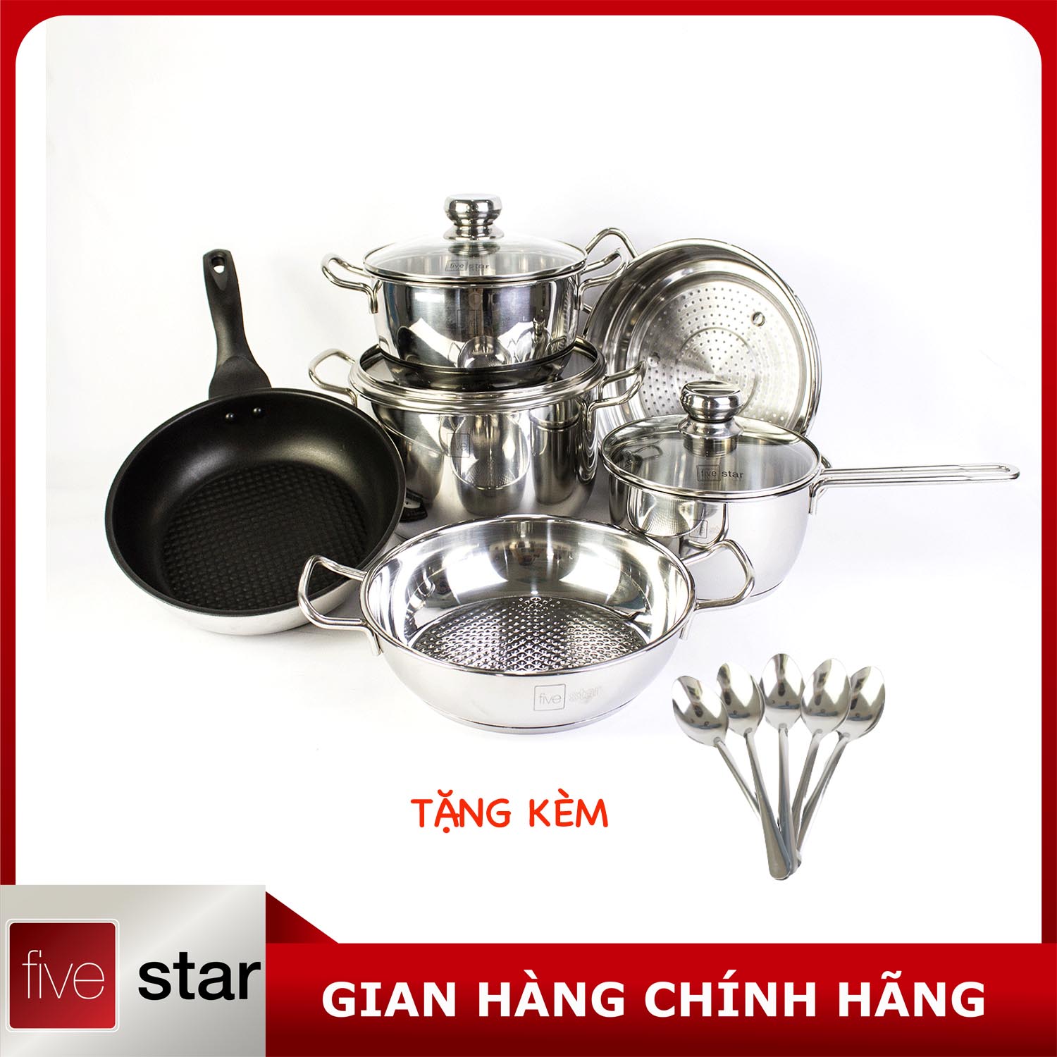 Bộ Nồi Inox và chảo Chống Dính 3 Đáy Inox 430 Cao Cấp Fivestar Standard 6 món bếp từ nắp kính , tặng 5 muỗng ăn