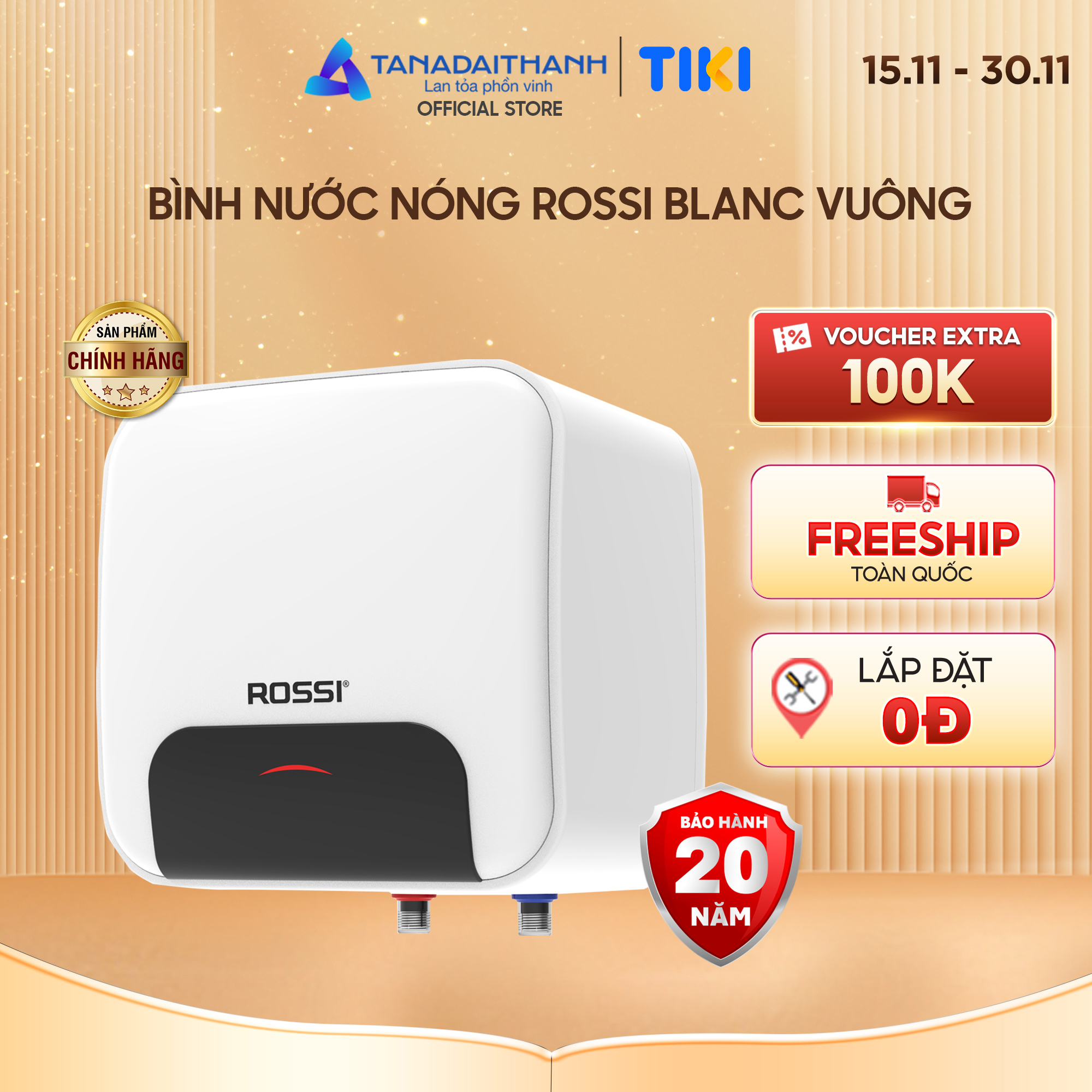 Bình nóng lạnh gián tiếp Rossi Blance Vuông (15/20/30 Lít) - Chính hãng, Bảo Hành 20 năm