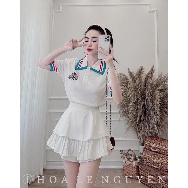 Áo len nữ dệt kim cộc tay cổ bẻ phối viền cổ và tay logo ngực