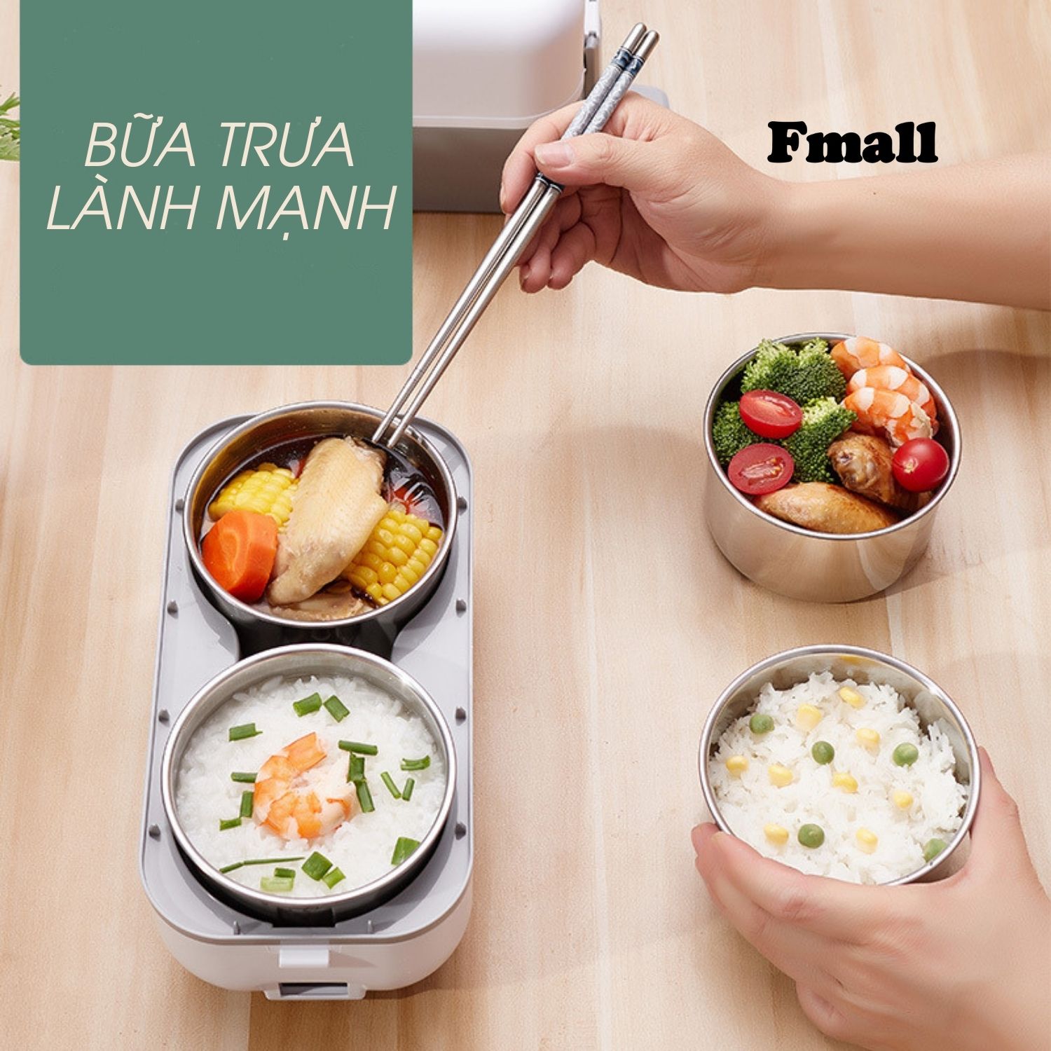 Hộp Cơm Cắm Điện Fmall - MSD1 Đa Năng, Hộp Đựng Thực Phẩm, Hâm Nóng, Nấu Chín Thức Ăn, 2 Tầng Nhỏ Gọn, 4 Bát Inox 304 Không Gỉ, Tặng Kèm Bộ Đũa Và Thìa, Dễ Dàng Vệ Sinh – Hàng Chính Hãng