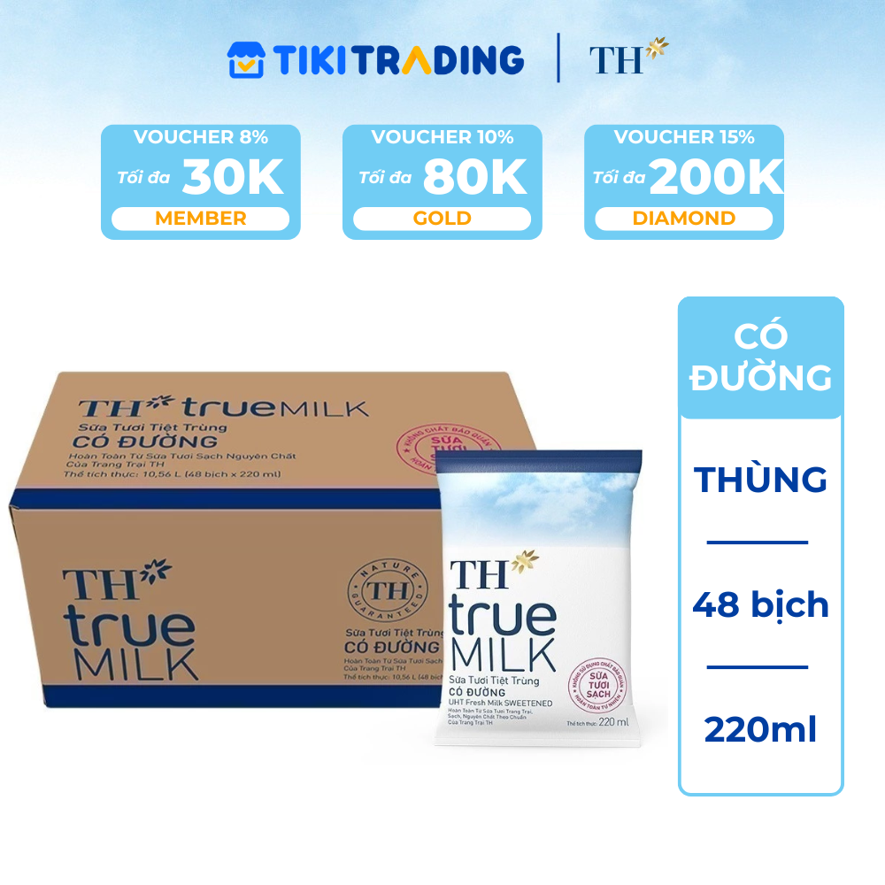 Thùng 48 bịch sữa tươi tiệt trùng TH True Milk  có đường 220 ml