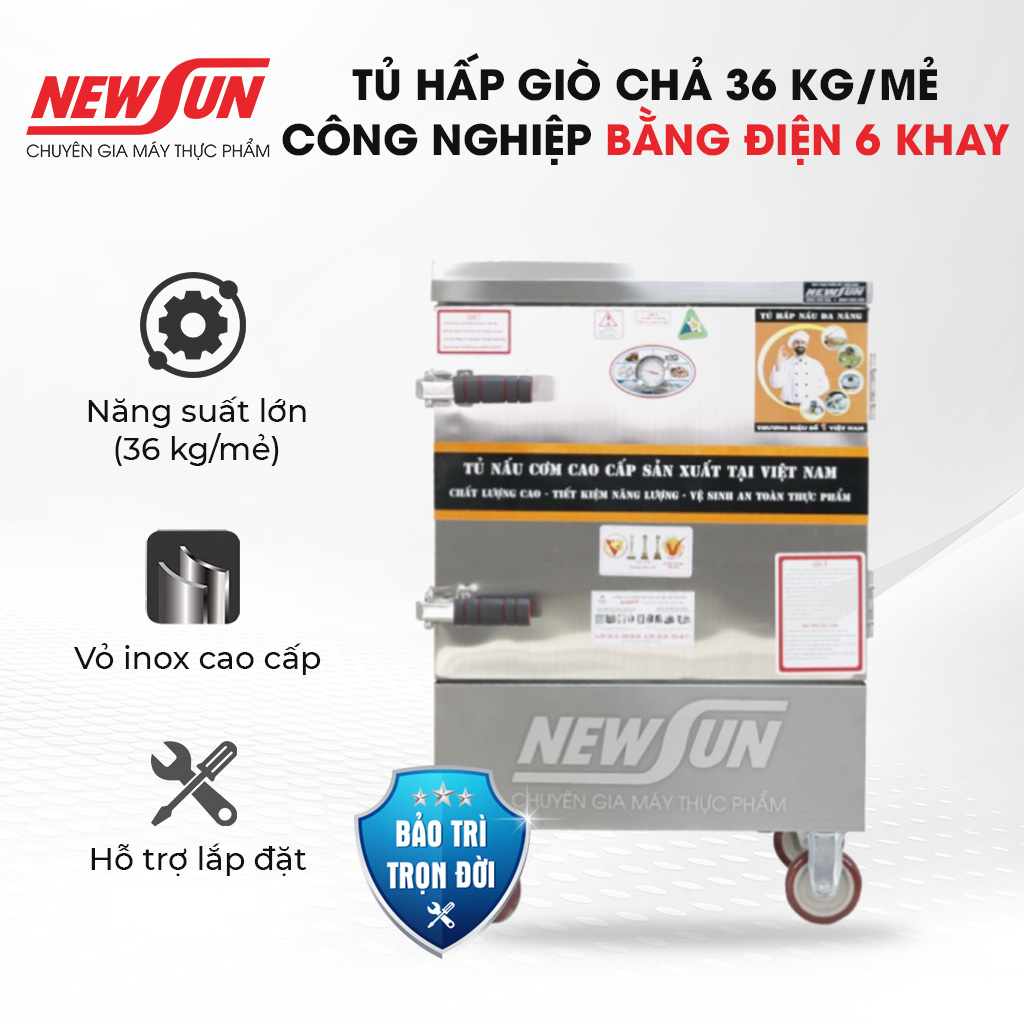 Tủ Hấp Giò Chả, Thực Phẩm 36 Kg Bằng Điện Gas 6 Khay Inox 304 NEWSUN, Năng Suất Cao - Hàng Chính Hãng