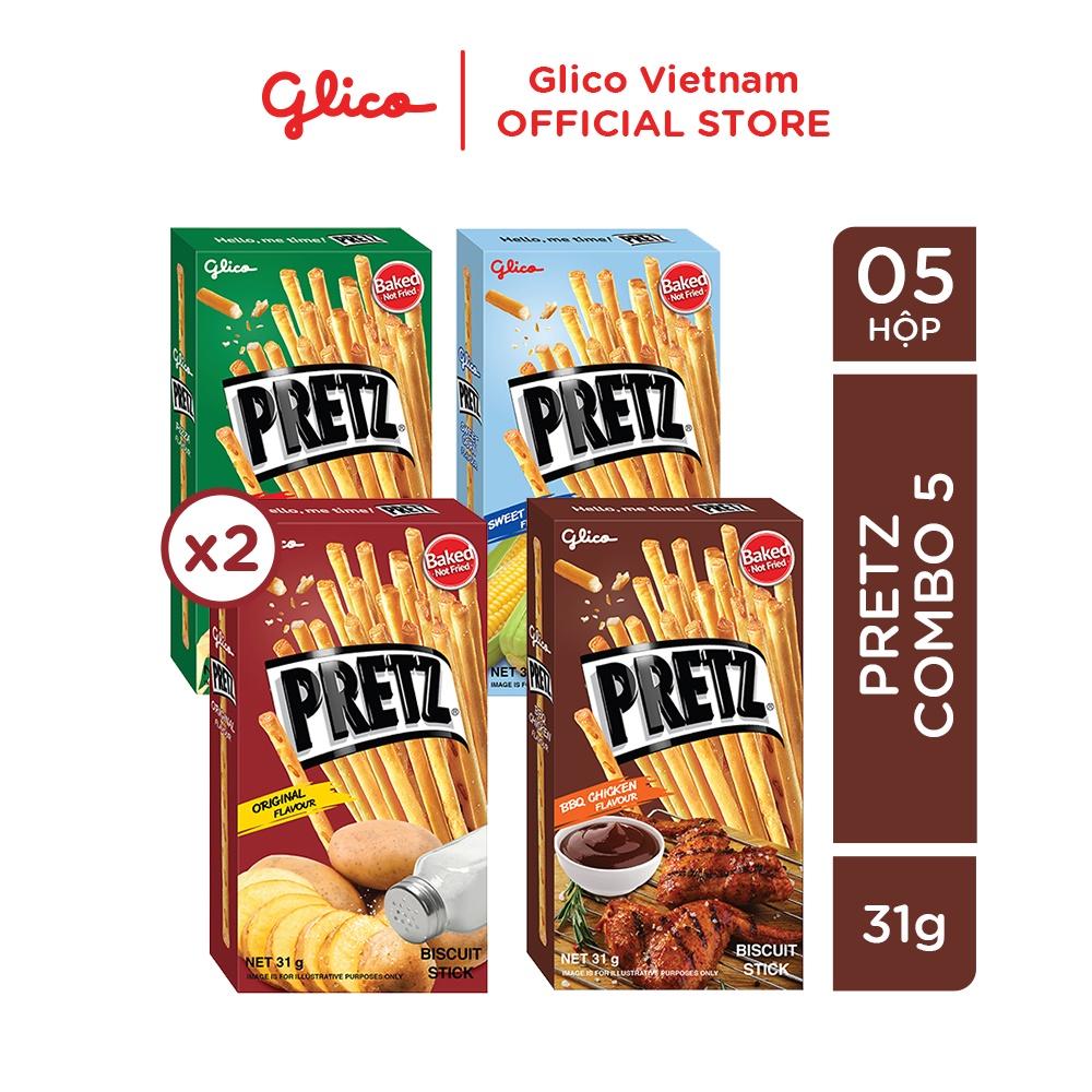 Bánh que nướng giòn 4 vị GLICO Pretz (Combo 5 hộp - 2 Khoai tây 1 BBQ Gà 1 Pizza 1 Bắp)