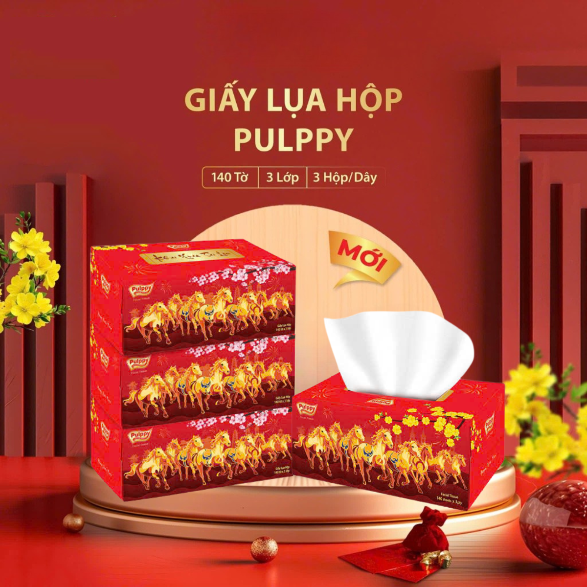 [Mua 3 Tặng Quà] Khăn Giấy Tết Bính Ngọ 2026 Pulppy 3 Lớp Màu Đỏ May Mắn