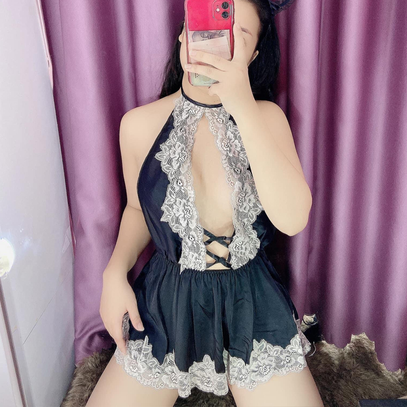 Q107 Váy ngủ xuyên thấu sexy cổ yếm  - Đồ ngủ, đầm ngủ ren khoét ngực