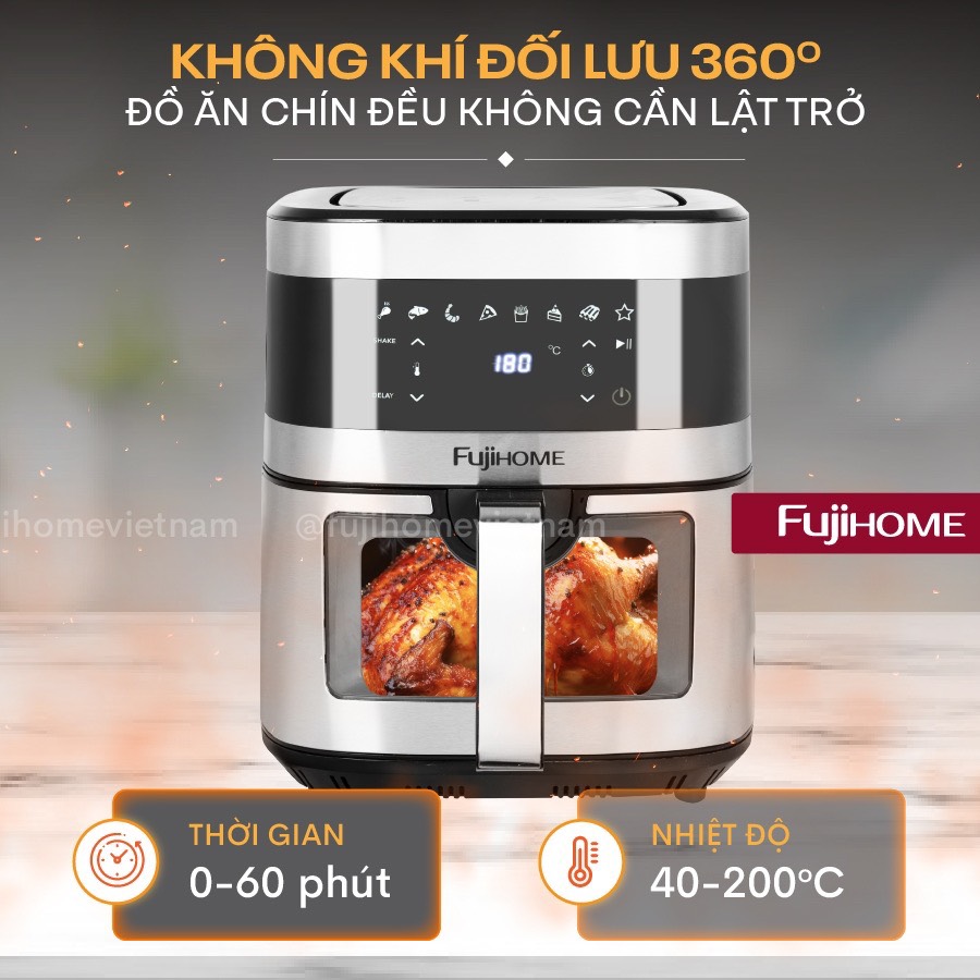 Nồi chiên không dầu 10L nhập khẩu Fujihome tự ngắt A10DG2, nồi chiên điện tử 10 Lít LCD cảm ứng 8 chế độ nấu,tặng kèm kẹp gắp - hàng chính hãng