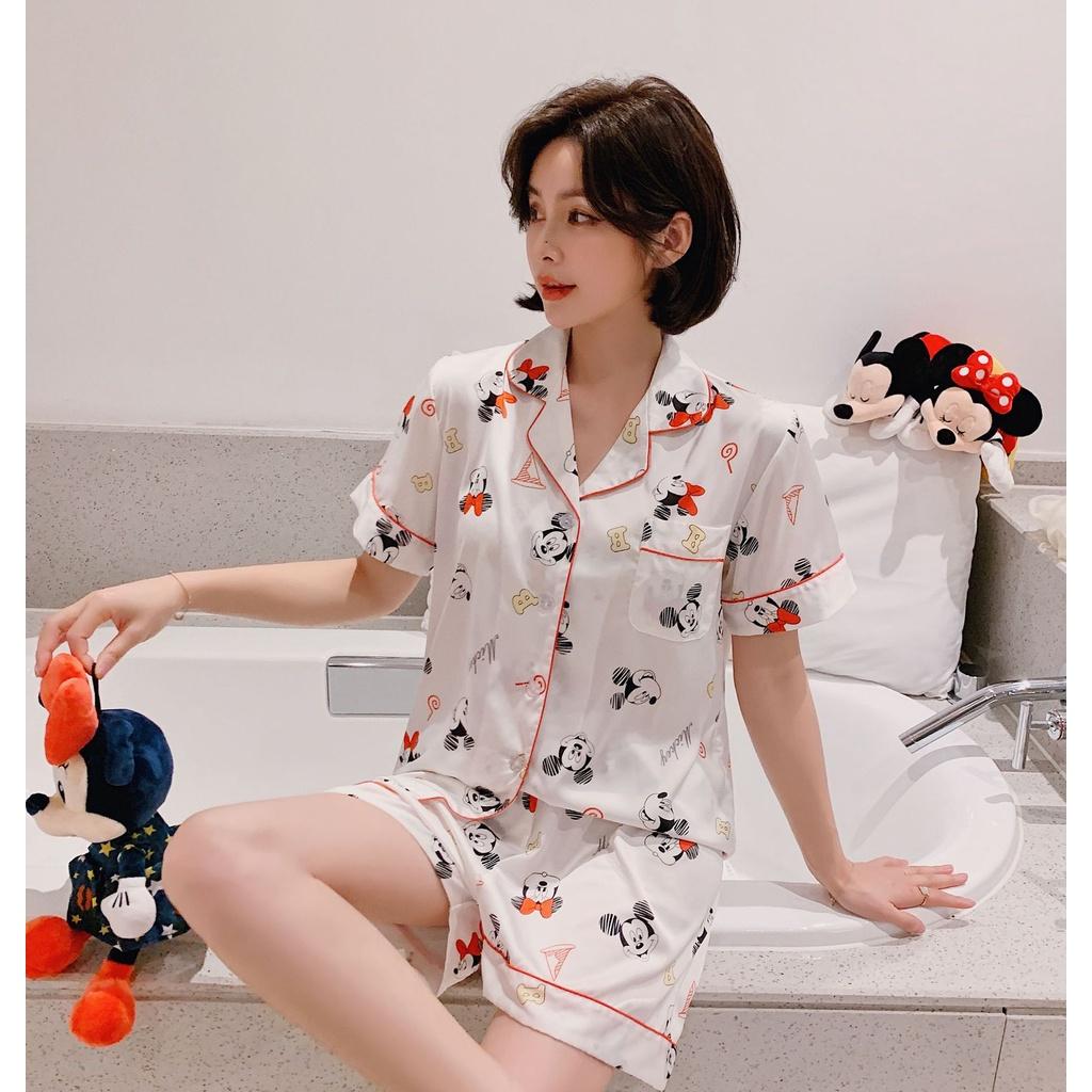 Đồ Bộ Nữ Ngắn - Đồ Mặc Nhà Vải Lụa Màu Trắng và Cam Cao Cấp In Họa Tiết Hoạt Hình CCLP13
