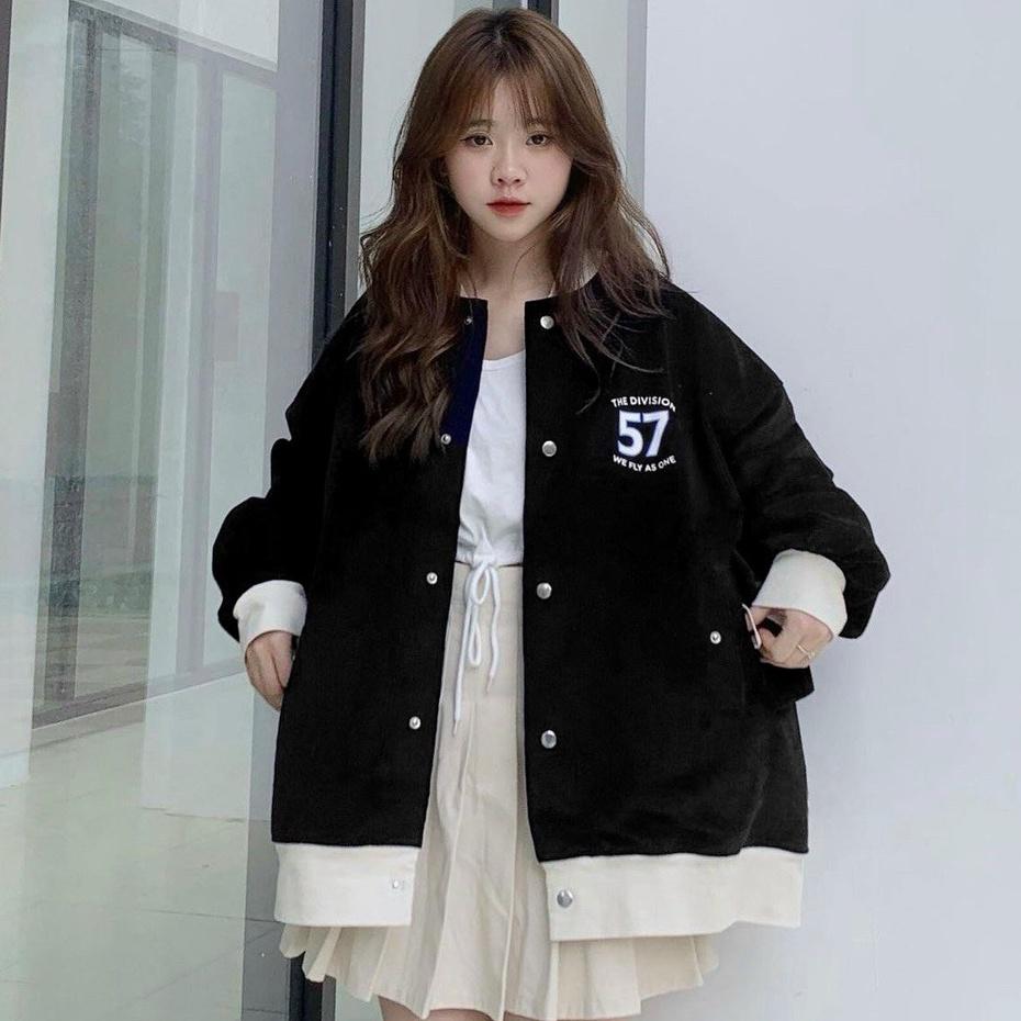 Áo Khoác Bomber Nhung Gân Tăm Thêu DIVISION Jacket Varsity 57 Unisex Form Rộng Ulzzang (Túi đắp chéo 2 bên/ ảnh thật)